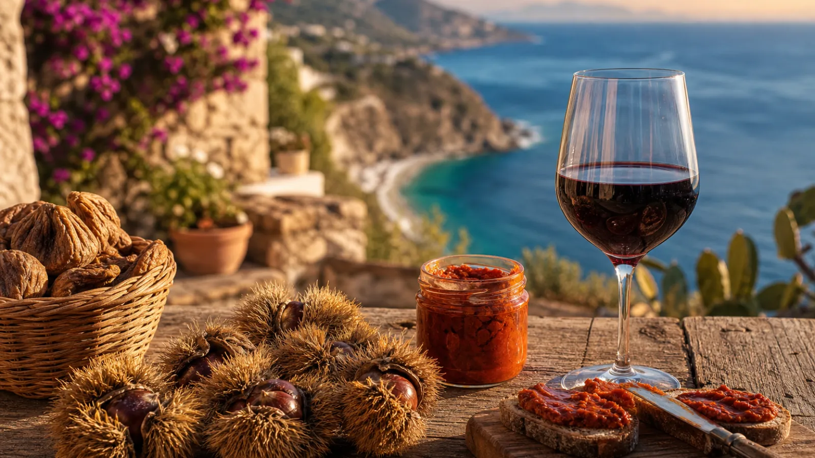 Prodotti autunnali calabresi a Briatico: castagne, fichi e 'nduja su una terrazza vista mare
