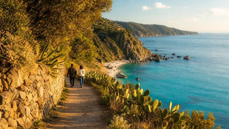 Briatico in autunno: sentiero costiero con vista sul mare e macchia mediterranea