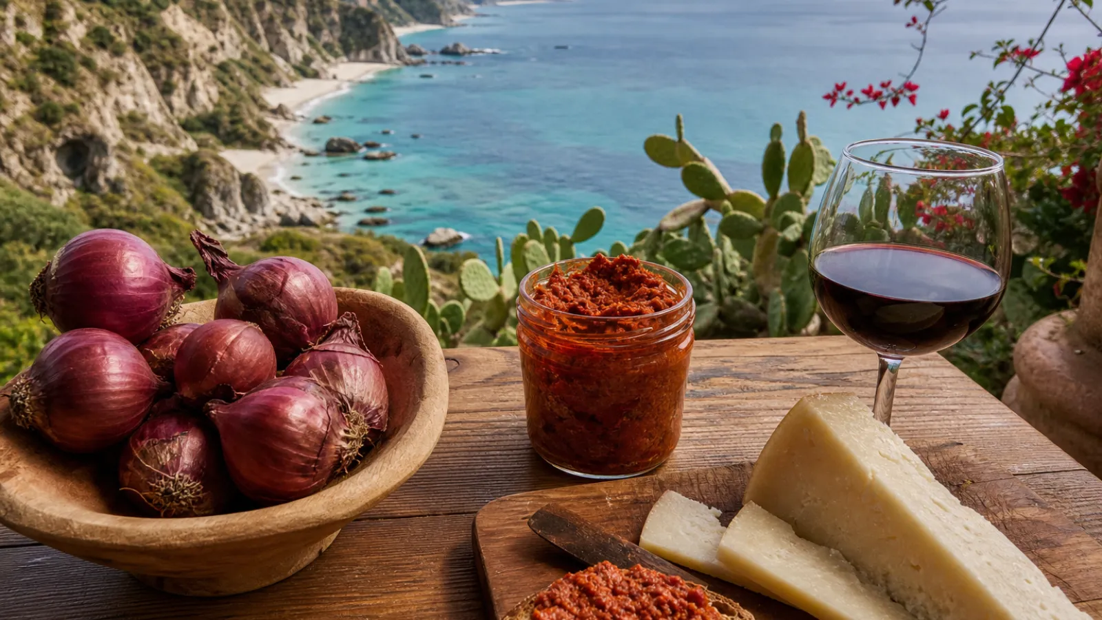 Dettaglio di prodotti tipici calabresi in autunno: cipolla rossa, 'nduja e pecorino