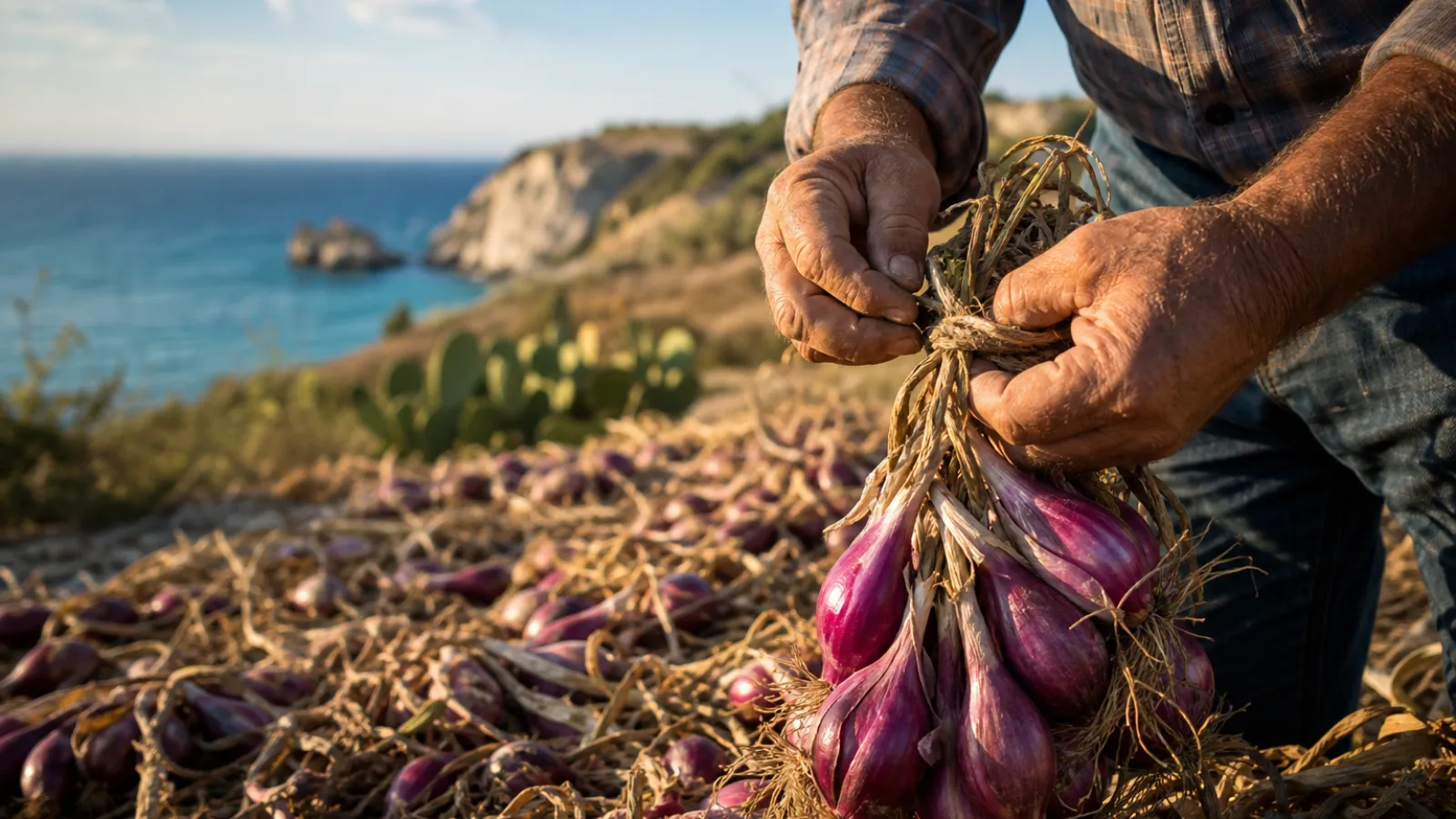 Cipolla rossa di Tropea affettata su un tagliere con vista sul mare della Calabria