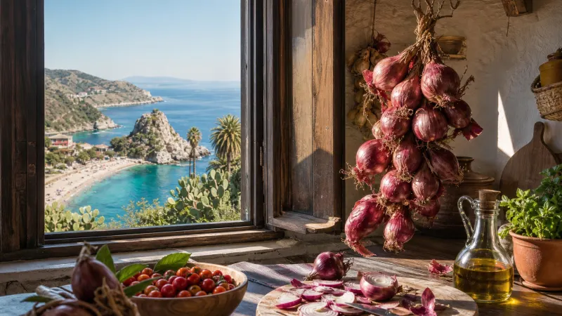 Treccia tradizionale di cipolla rossa di Tropea IGP appesa al sole