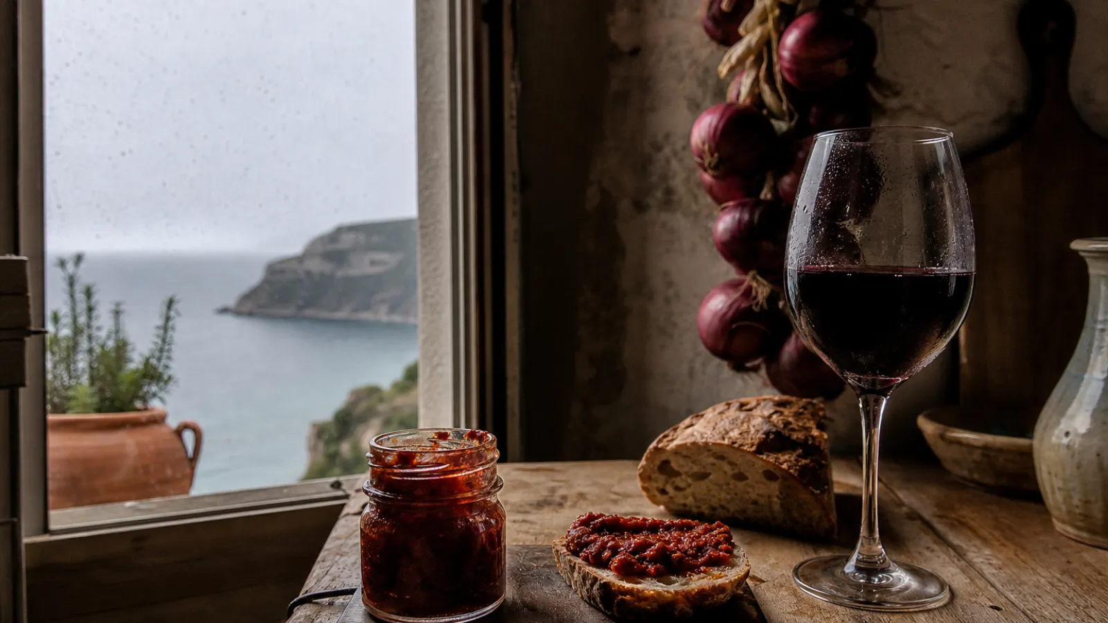 Tavola calabrese con 'nduja su pane caldo, cipolle rosse di Tropea e un bicchiere di vino mentre piove fuori