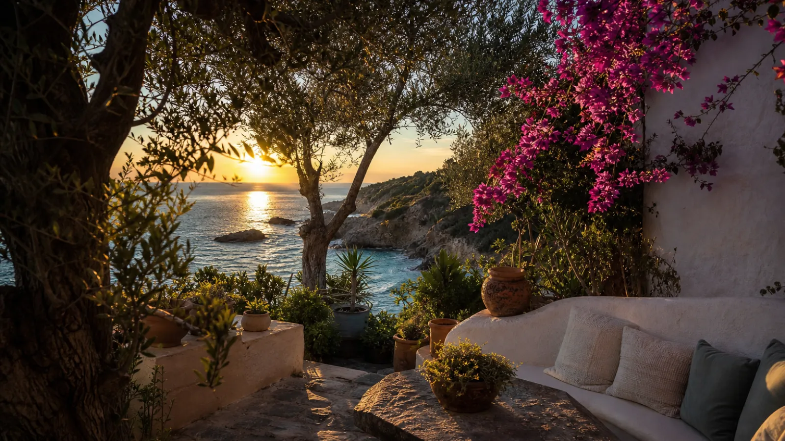 Patio mediterraneo a Sant'Irene di Briatico con scorcio sul mare al tramonto
