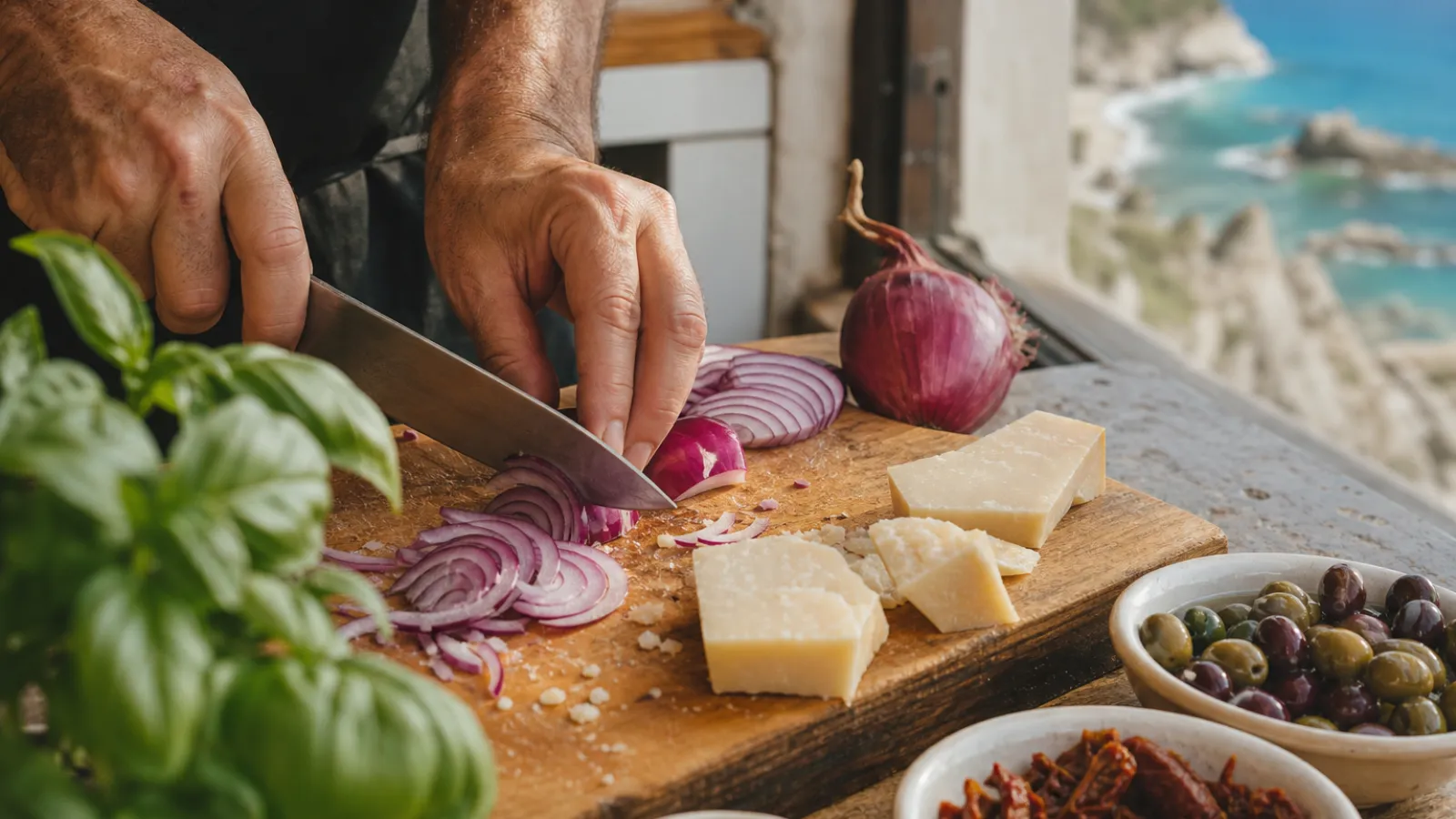 Dettaglio di cipolla rossa di Tropea e pecorino tagliati su un tagliere in cucina calabrese
