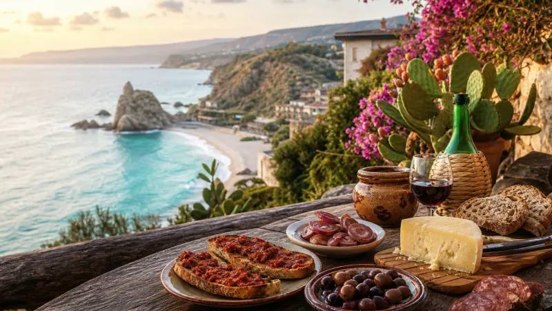 Piatti tipici calabresi su una tavola vista mare della Costa degli Dei con ’nduja, cipolla rossa e pecorino