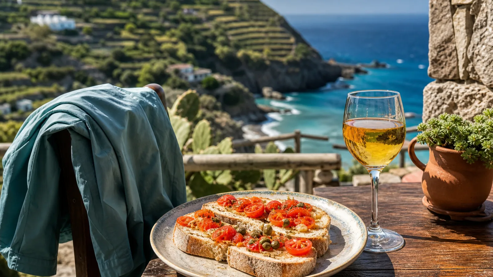 Pane cunzato e bicchiere di Malvasia su un tavolo all'aperto con vista sul mare delle Isole Eolie in una giornata d'ottobre