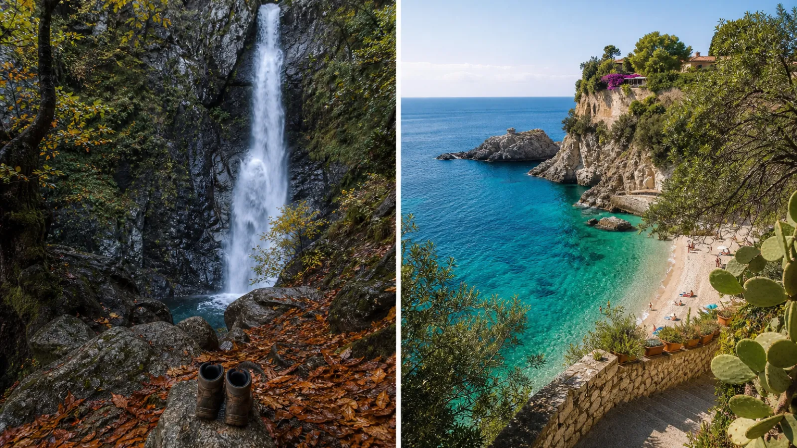 Cascata tra rocce di granito e bosco autunnale nelle Serre calabresi, con scarponi da trekking in primo piano