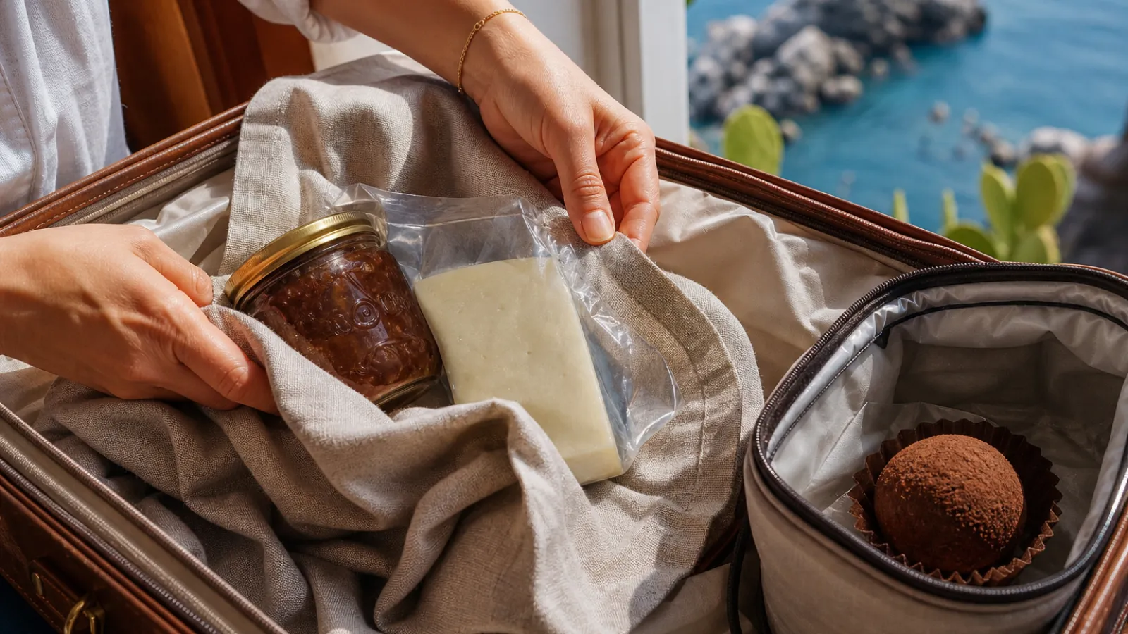 Souvenir gastronomici calabresi imballati in valigia con una borsa termica per il Tartufo di Pizzo