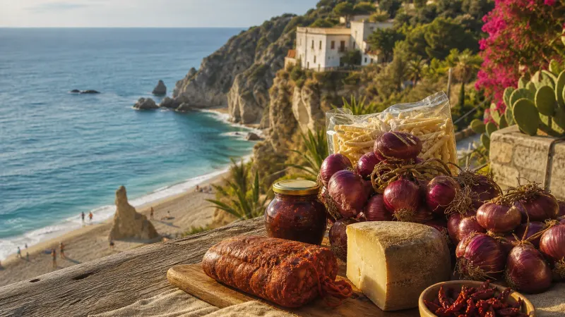 Prodotti tipici calabresi su un tavolo vista mare: cipolla rossa di Tropea, 'nduja, pecorino, fileja e peperoncino