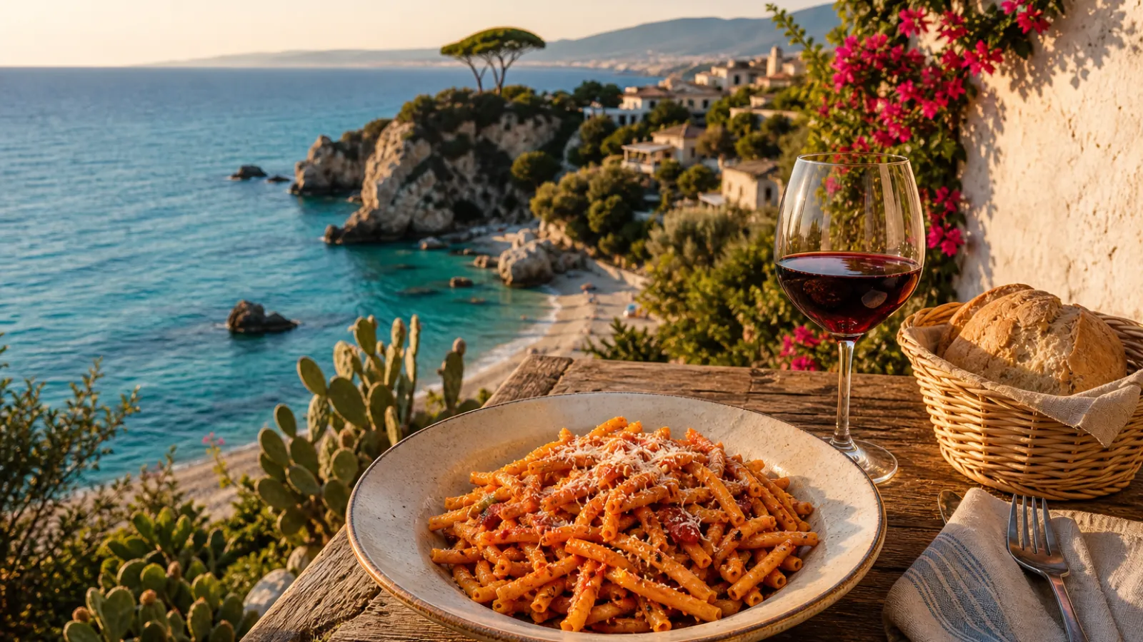 Piatto di fileja con sugo di ’nduja su un tavolo all’aperto con vista sul mare Tirreno al tramonto