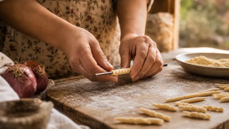 Fileja calabresi fatte a mano: mani che avvolgono la pasta attorno al ferretto su una spianatoia di legno infarinata