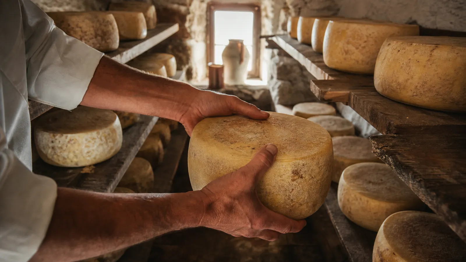 Forme di pecorino in stagionatura su assi di legno in una cantina di un caseificio calabrese