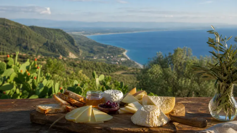 Tagliere di formaggi del Monte Poro con pecorino, caprino e ricotta affumicata su un tavolo all'aperto sull'altopiano