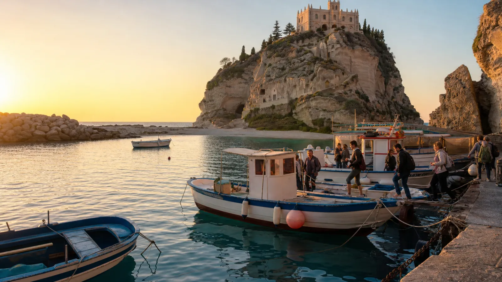 Il Porto Pescatori di Tropea al tramonto con le barche pronte per l'escursione serale verso Stromboli