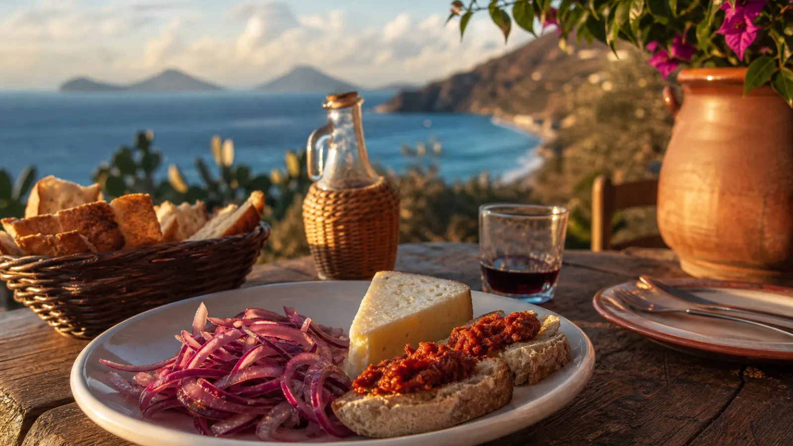 Prodotti tipici calabresi come cipolla rossa, pecorino e 'nduja su un tavolo con vista mare.