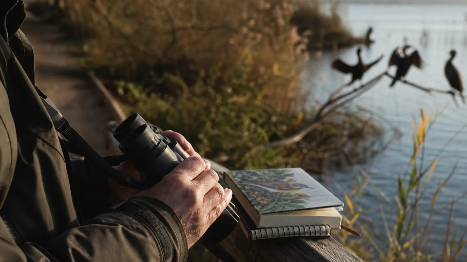 Binocolo e guida degli uccelli in mano a un osservatore lungo il sentiero vicino al lago, in una luce autunnale