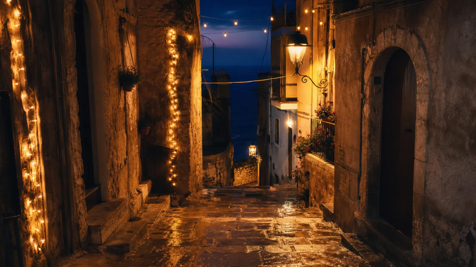 Vicolo di Tropea illuminato per Natale con pietra antica e scorcio sul mare