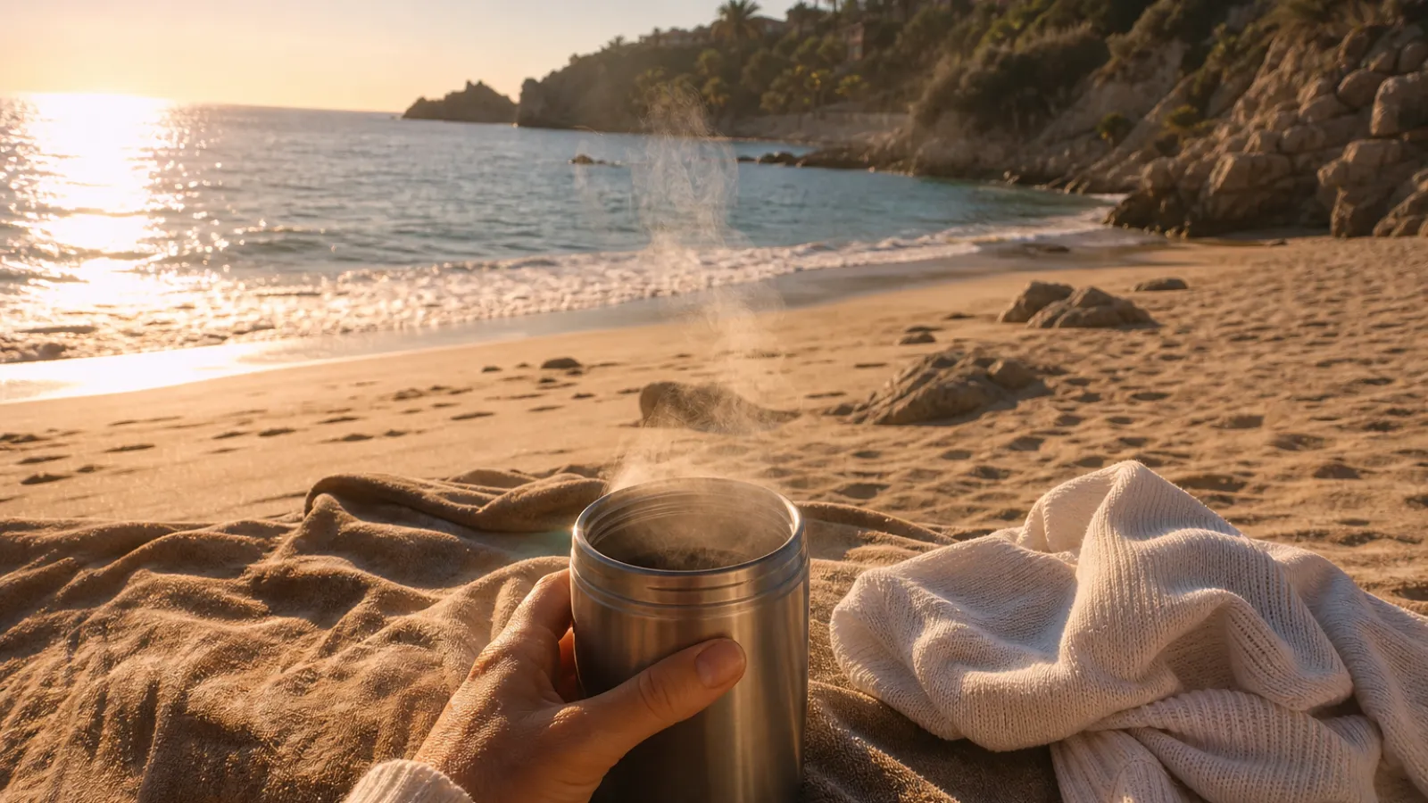 Asciugamano, maglione e thermos caldo sulla sabbia di una spiaggia calabrese in autunno