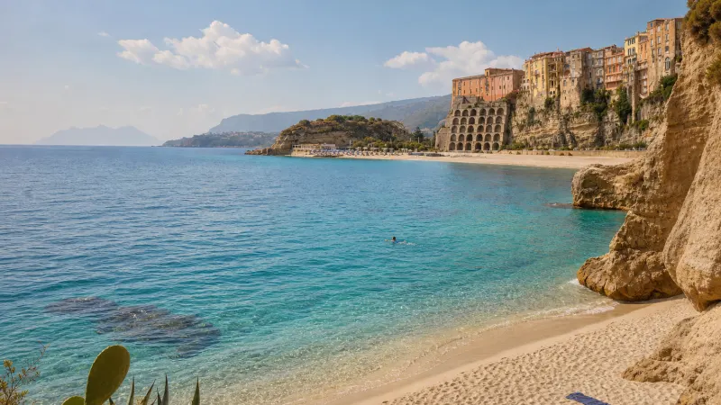 Mare Calabria ottobre: baia sabbiosa quasi deserta sulla Costa degli Dei con acqua turchese e luce dorata