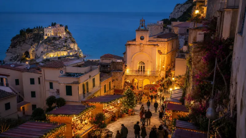 Mercatini natale Calabria a Tropea: vicolo del centro storico illuminato dalle luminarie con bancarelle e mare sullo sfondo
