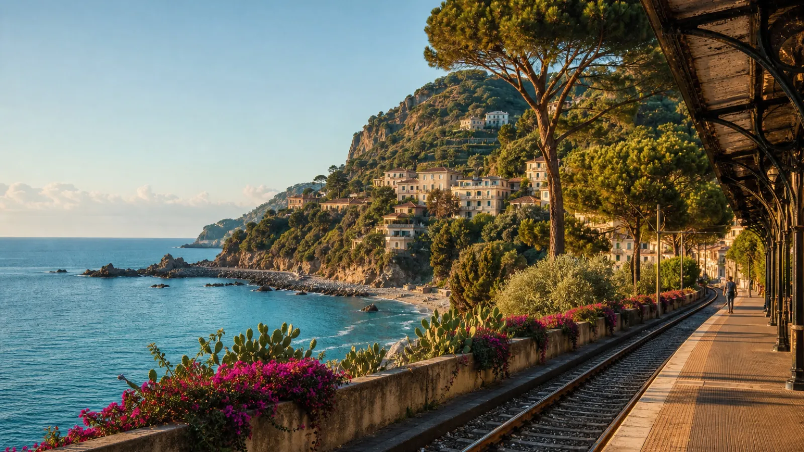 Scorcio panoramico di una banchina ferroviaria fiorita affacciata sul mare della Costa degli Dei
