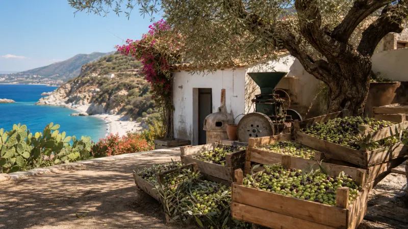 Olio nuovo Calabria con cassette di olive appena raccolte in un frantoio tra Pizzo e Tropea