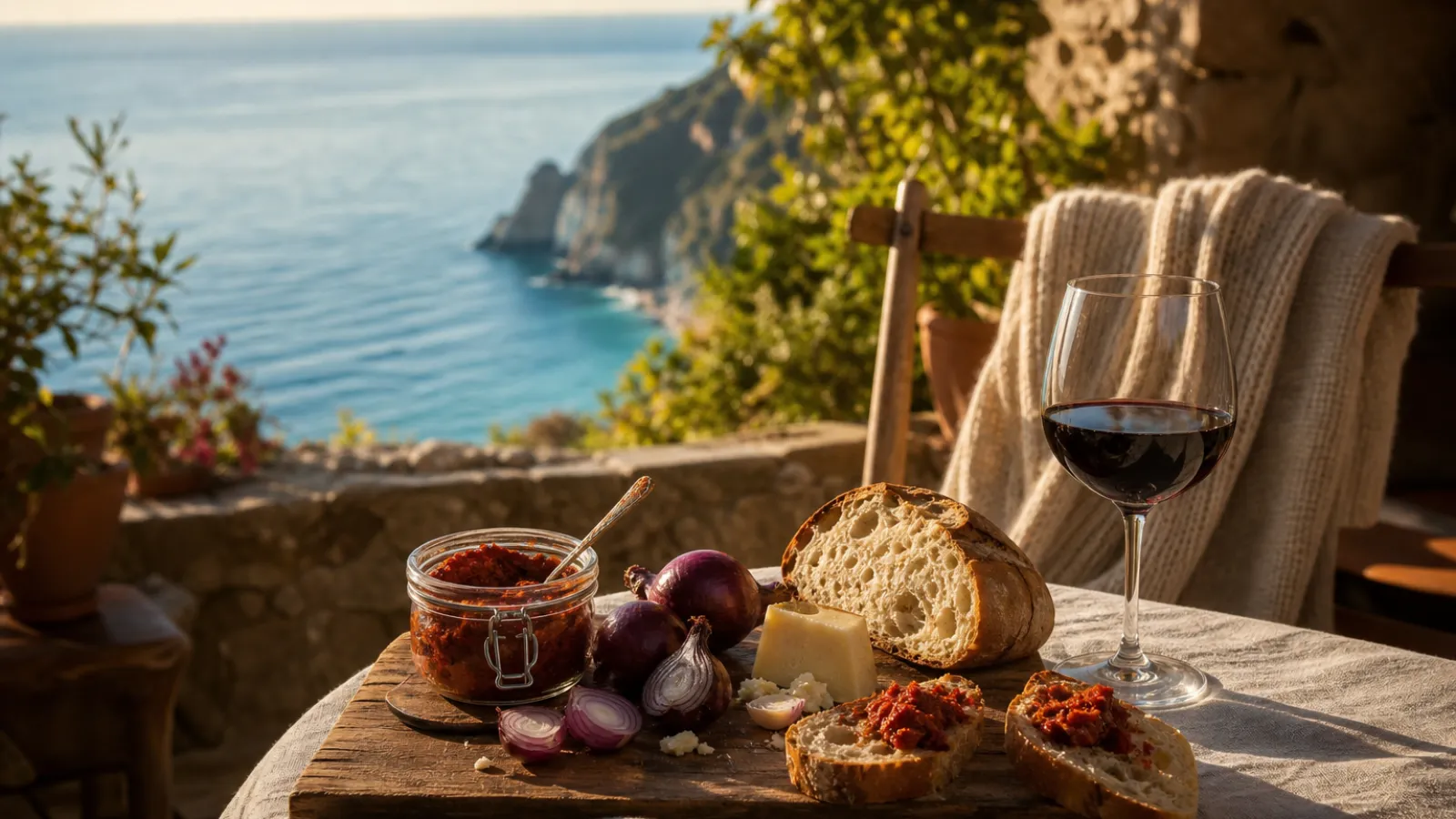 Tavola autunnale calabrese con cipolla rossa di Tropea, 'nduja e formaggi su una veranda con vista sul mare