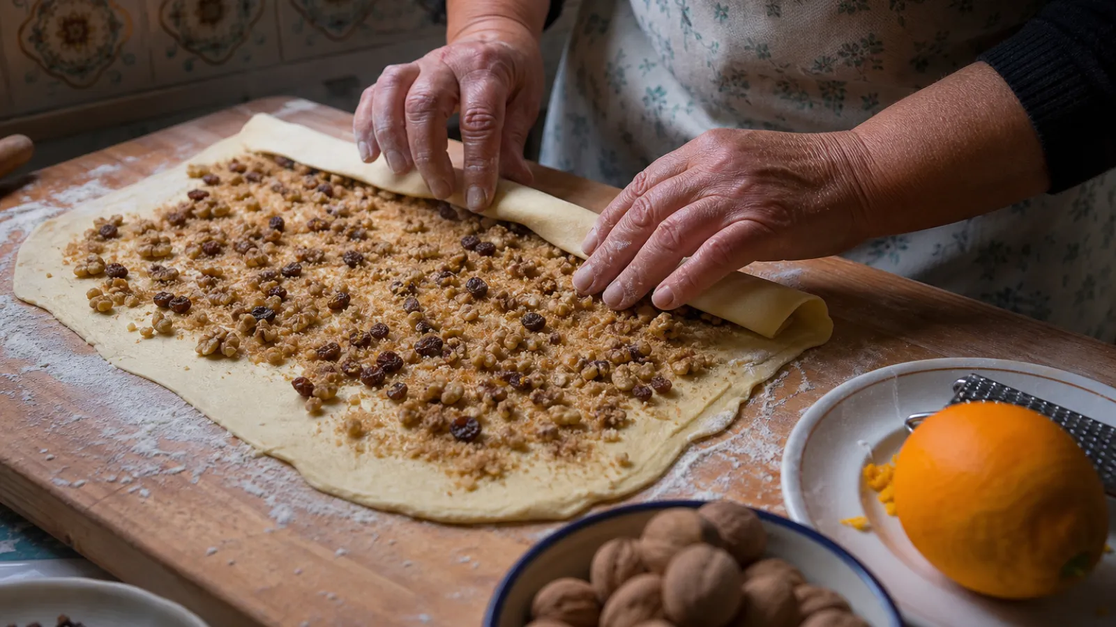 Mani che arrotolano la sfoglia farcita con noci, uvetta e miele per preparare la pitta 'mpigliata in una cucina calabrese