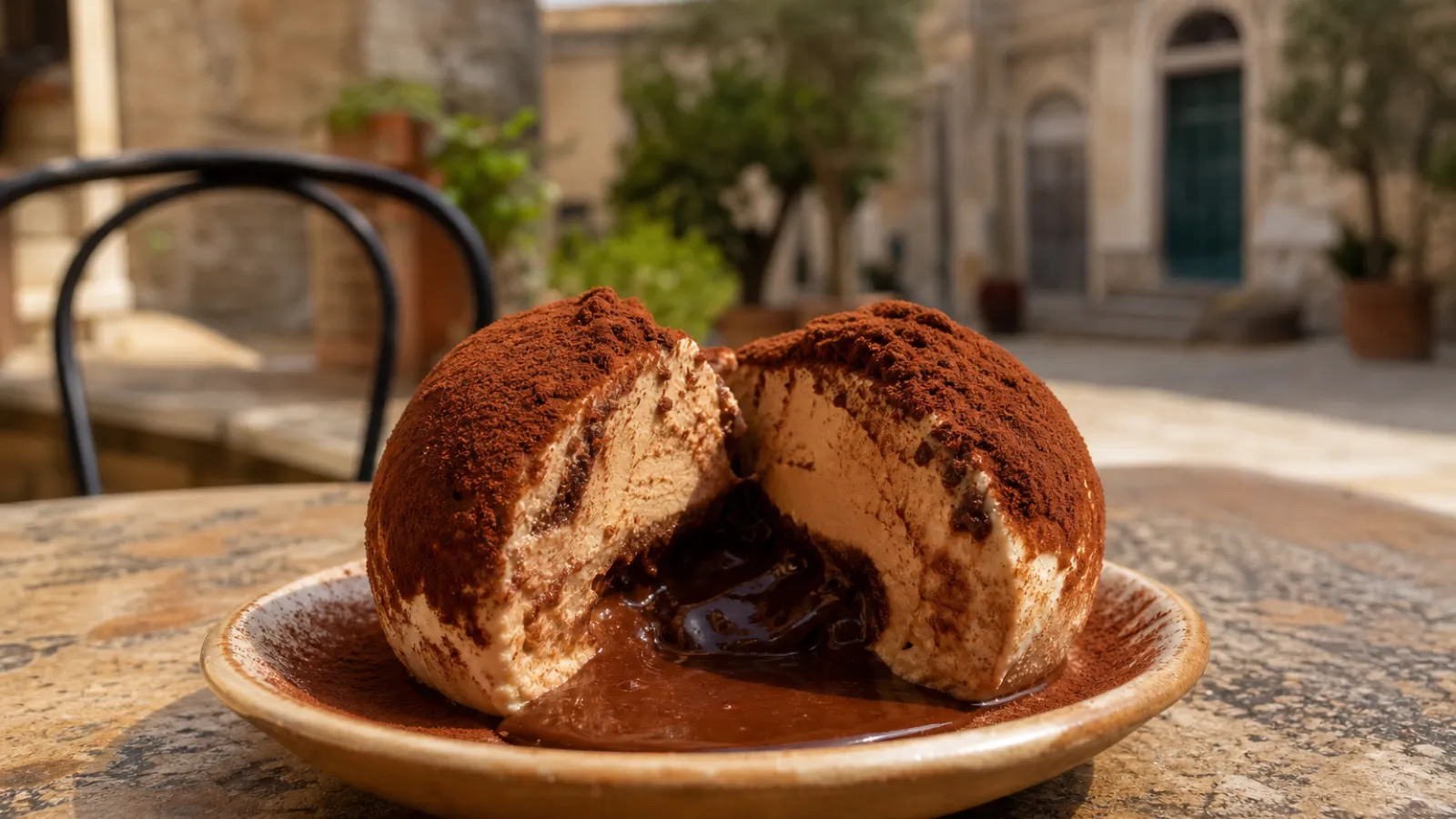 Tartufo di Pizzo tagliato a metà su un piattino, con il cuore di cioccolato fuso e la copertura di cacao