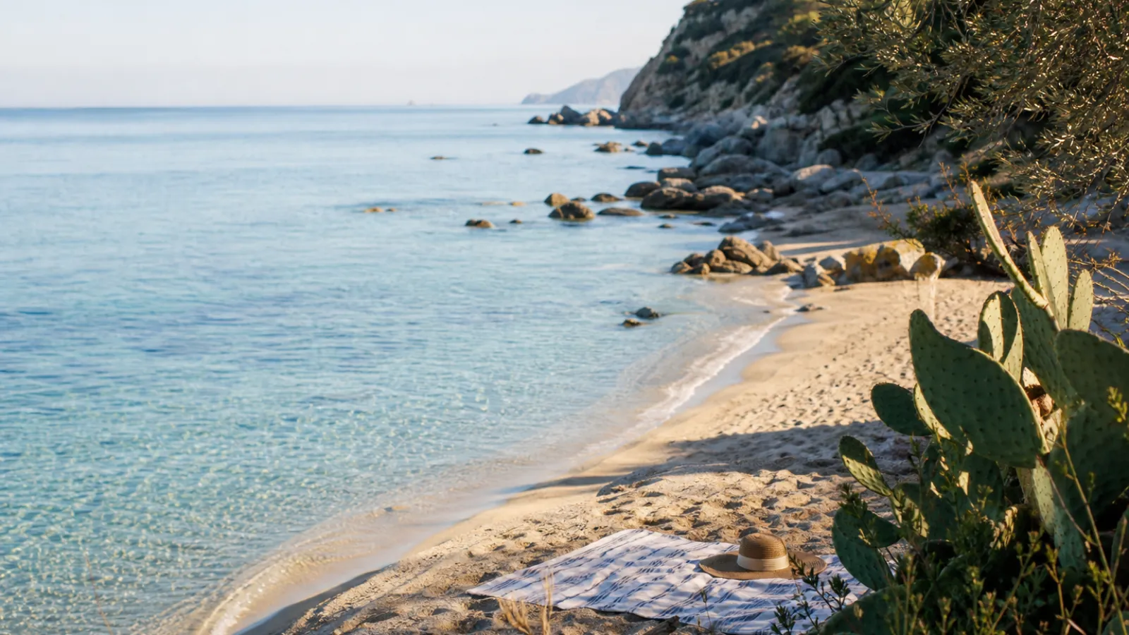 Spiaggia tranquilla della Costa degli Dei al mattino con mare limpido e macchia mediterranea