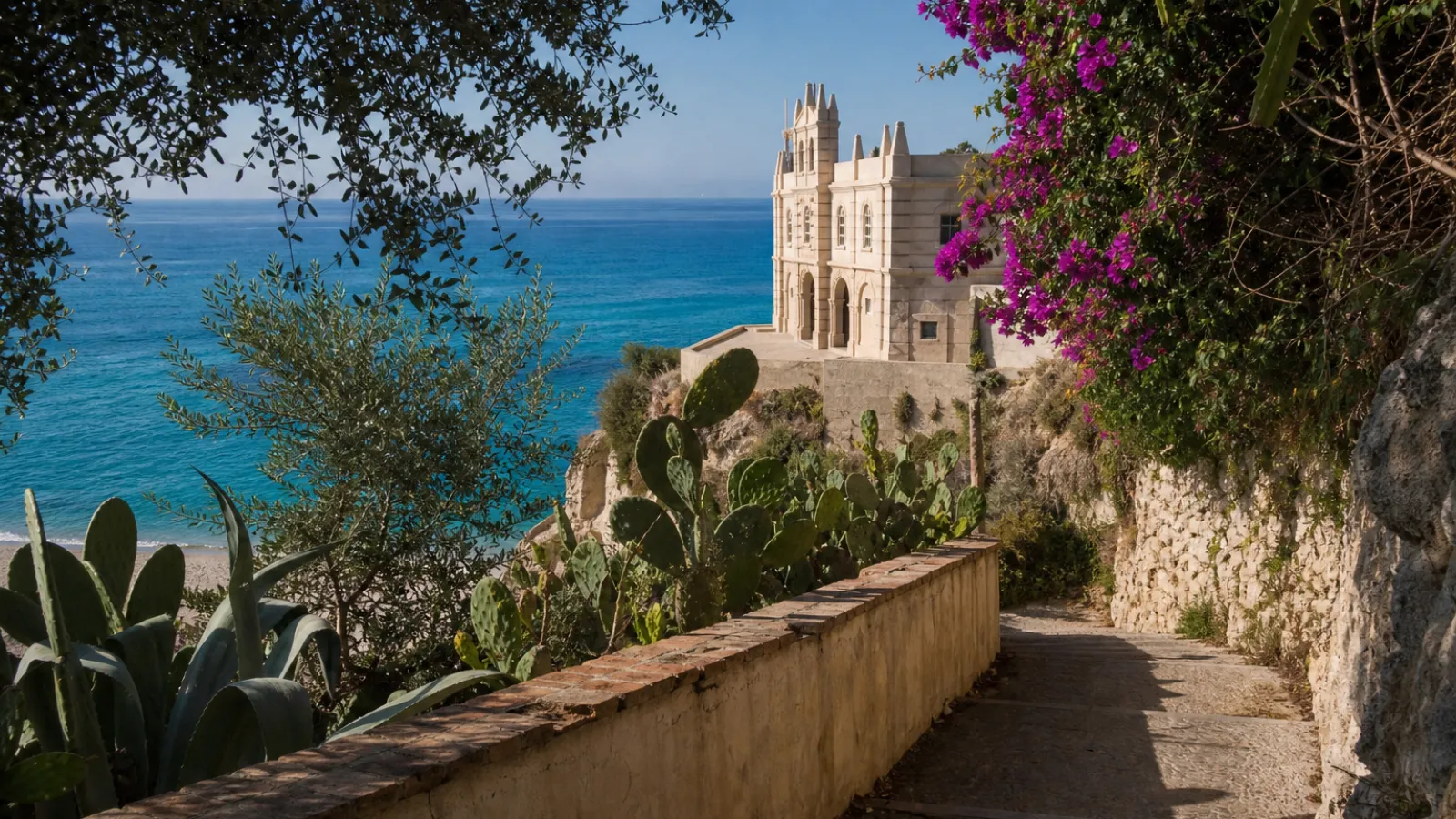 Scalinata e panorama verso il Santuario di Santa Maria dell'Isola a Tropea