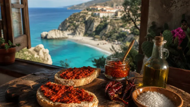 Pane tostato con sardella calabrese, peperoncini e olio su un tavolo rustico con il mare sullo sfondo