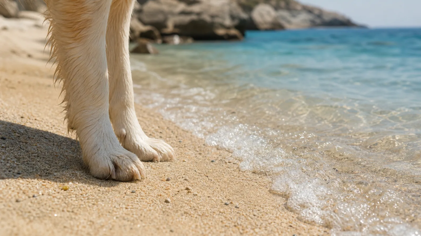 Dettaglio di orme di cane sulla battigia bagnata dal mare limpido della Calabria tirrenica