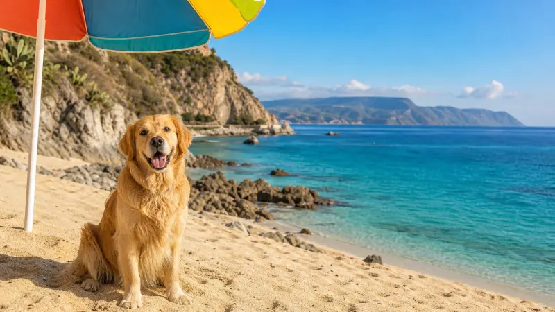 Cane sulla sabbia dorata di una delle spiagge pet friendly calabria lungo la Costa degli Dei