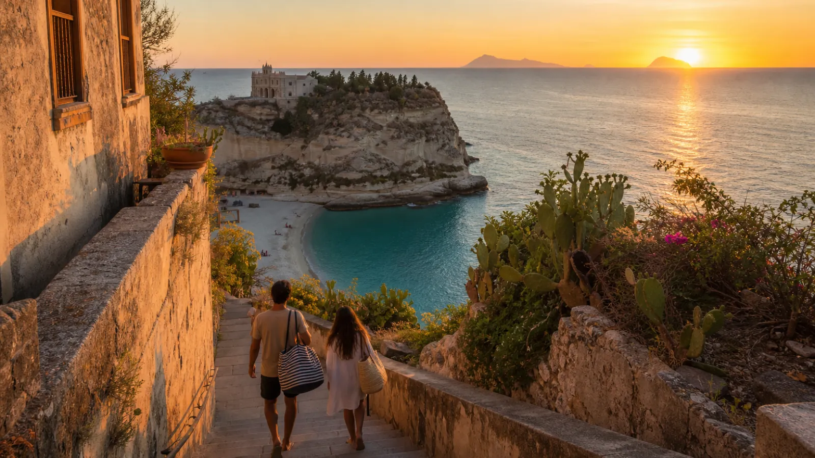 Scalinata panoramica che scende dal centro storico di Tropea verso il mare al tramonto