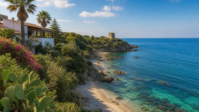 Spiaggia Sant'Irene Briatico con mare Tirreno e Torre Sant'Irene sullo sfondo