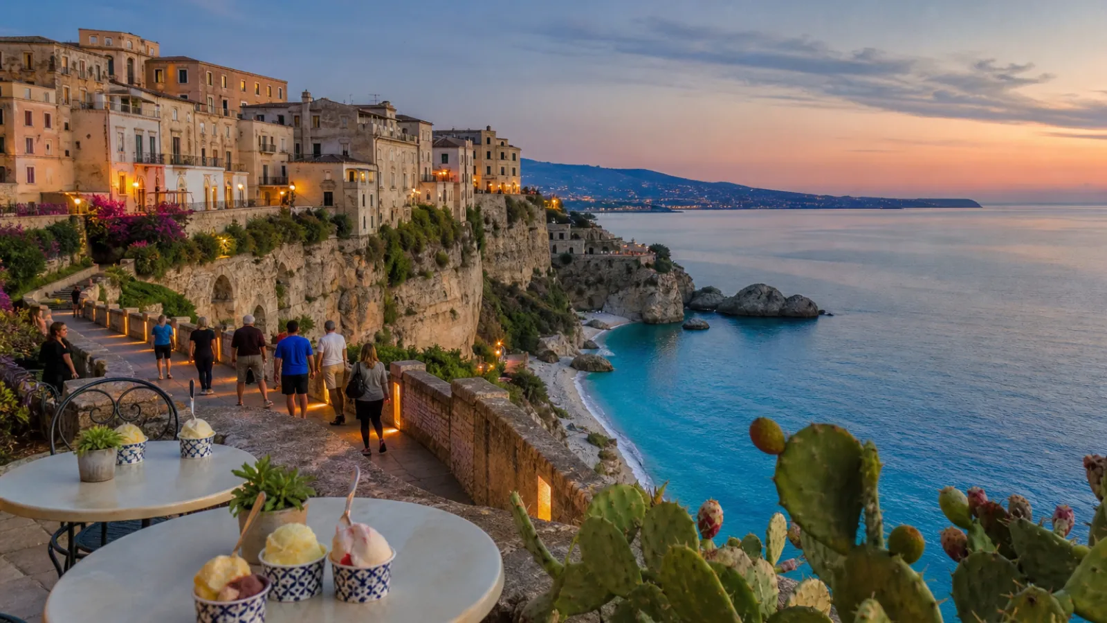Centro storico di Pizzo affacciato sul Golfo di Sant’Eufemia al tramonto