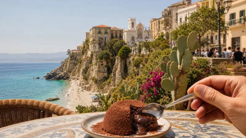 Tartufo di Pizzo con cacao amaro e cuore di cioccolato servito in piazza a Pizzo