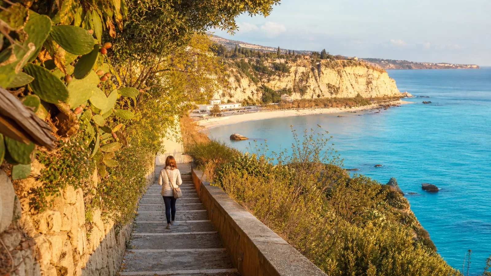 Passeggiata d'autunno sul lungomare calabrese tra scogliere e macchia mediterranea, con luce dorata sul Tirreno