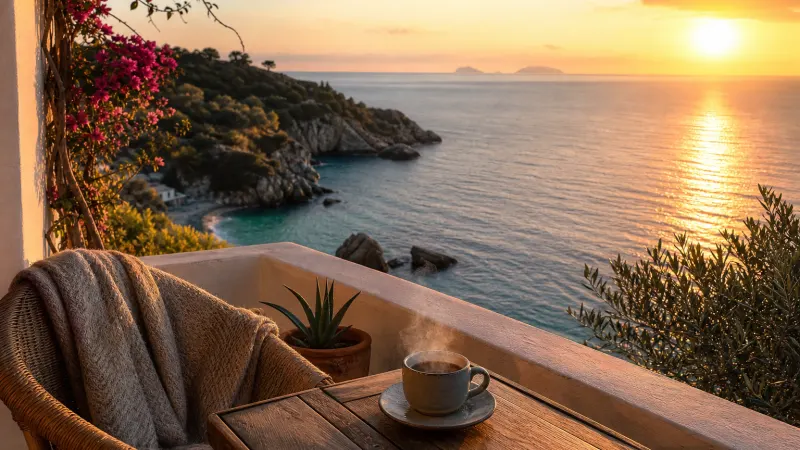 Veranda vista mare in autunno sulla Costa degli Dei, ideale per relax e benessere come alternativa alle terme vicino Tropea