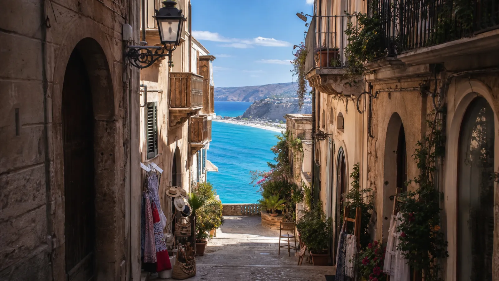 Vicolo del centro storico di Tropea con affaccio panoramico sul Mar Tirreno