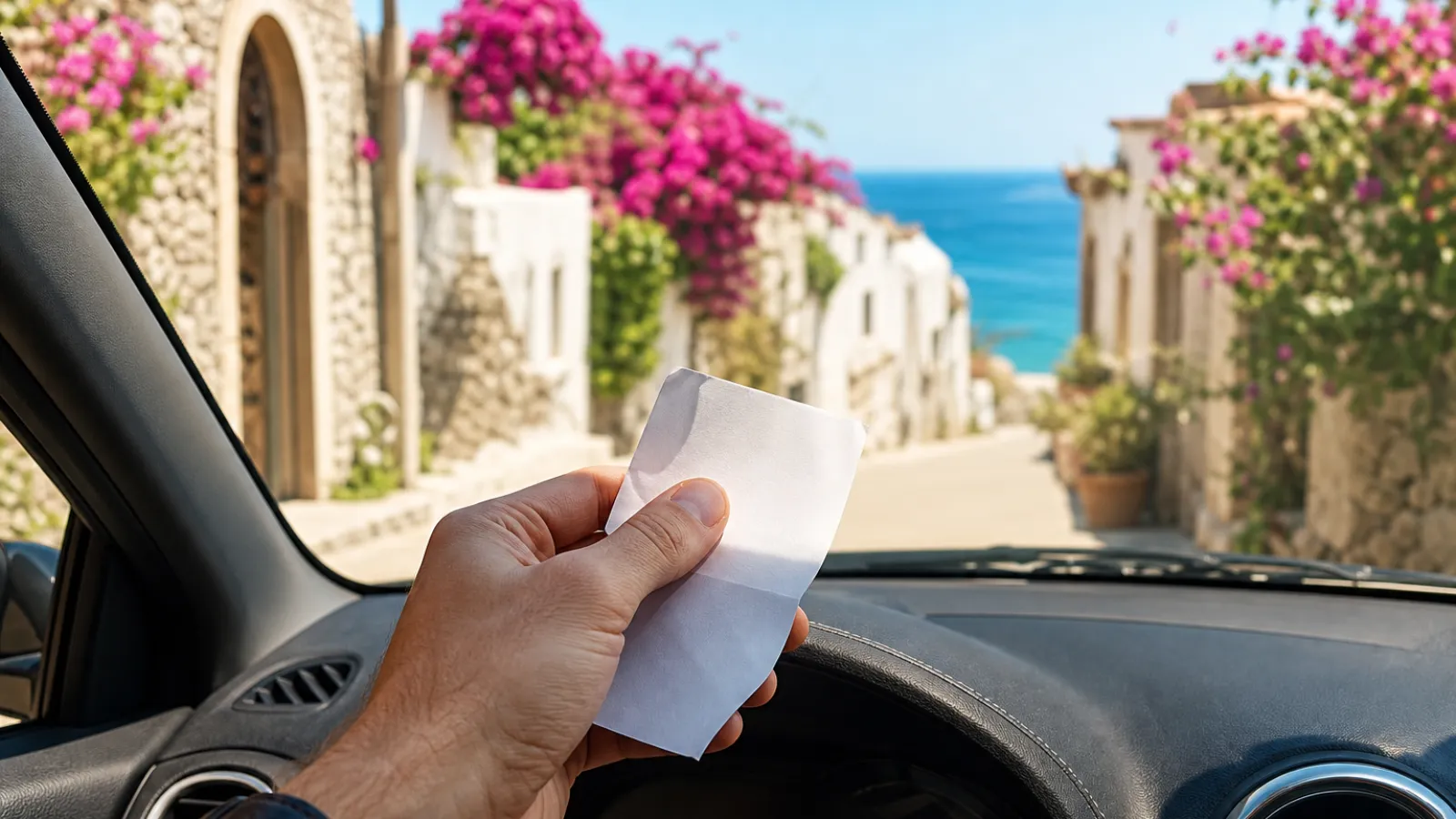 Biglietto di sosta tenuto in mano accanto al cruscotto di un'auto in una strada soleggiata della Calabria