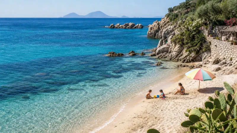 Famiglia passeggia al tramonto su una spiaggia durante le vacanze in Calabria con i bambini