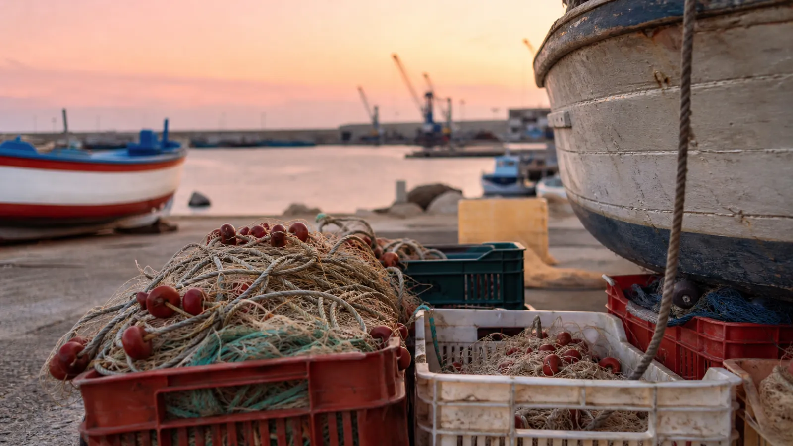 Barche da pesca e reti sulla banchina del porto di Vibo Marina all'alba