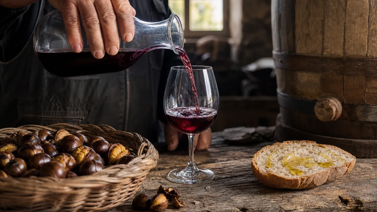 Mani di un produttore che versano il vino nuovo in un calice accanto a castagne arrostite e pane con olio in una cantina calabrese