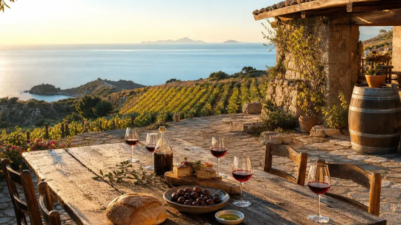 Vino novello Calabria San Martino: tavolata in cantina tra i vigneti dell'altopiano del Poro con vista sul mare Tirreno